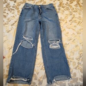 Fashion Nova Blue Distressed Straight-Leg Jeans